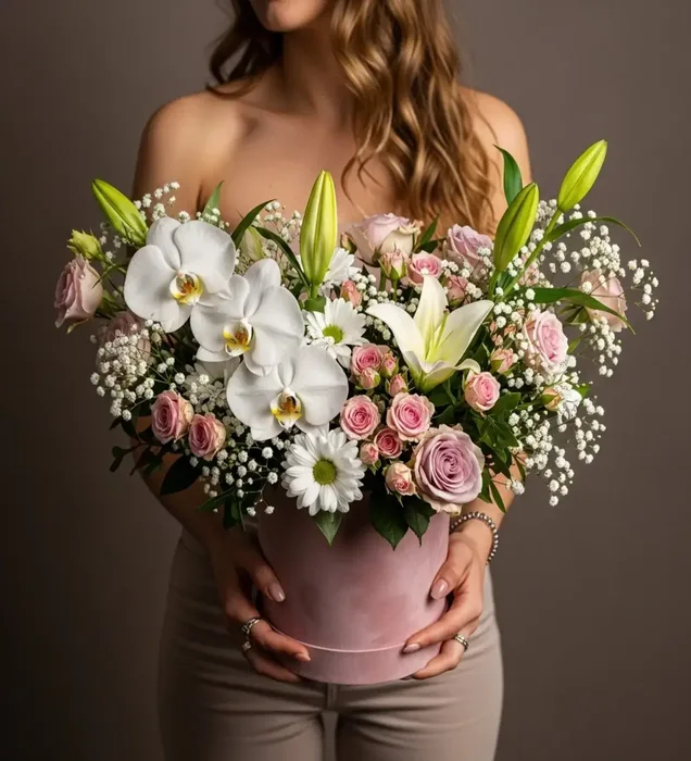 Velvet Orchid Serenity: Kutuda Beyaz Orkide ve Gül Aranjmanı