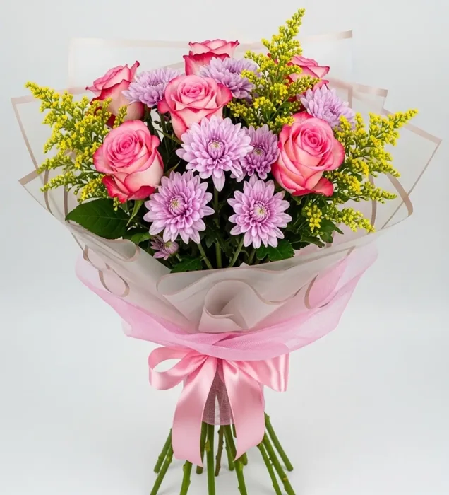 Romantic Touch: Pink Rose & Purple Chrysanthemum Bouquet